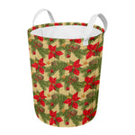 Vintage Christmas Poinsettia Print Round Laundry Basket