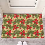 Vintage Christmas Poinsettia Print Rubber Doormat