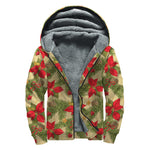 Vintage Christmas Poinsettia Print Sherpa Lined Zip Up Hoodie