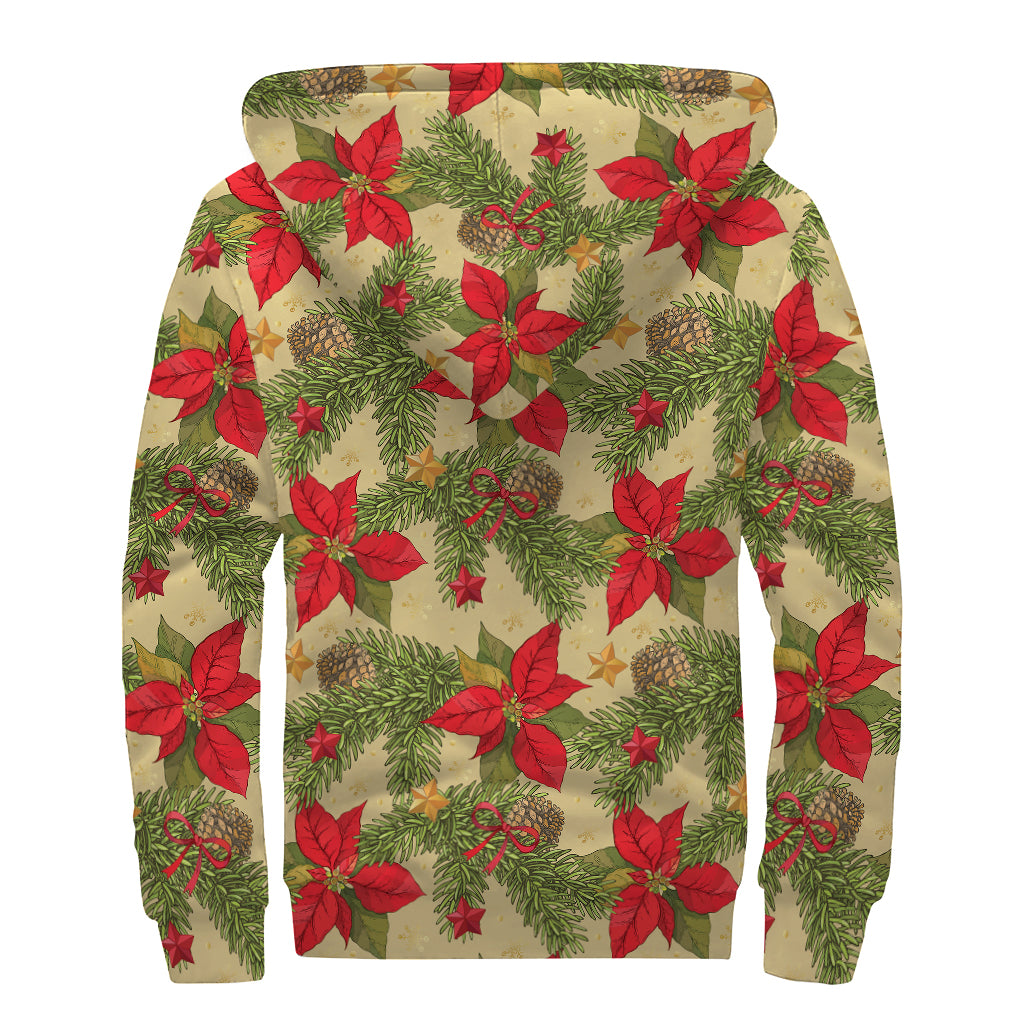 Vintage Christmas Poinsettia Print Sherpa Lined Zip Up Hoodie