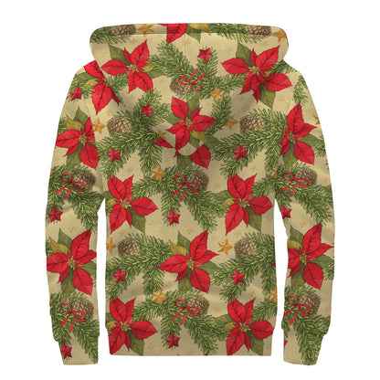 Vintage Christmas Poinsettia Print Sherpa Lined Zip Up Hoodie