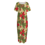 Vintage Christmas Poinsettia Print Short Sleeve Long Nightdress