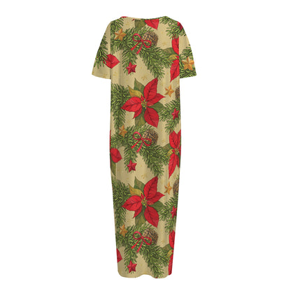Vintage Christmas Poinsettia Print Short Sleeve Long Nightdress