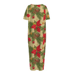 Vintage Christmas Poinsettia Print Short Sleeve Long Nightdress