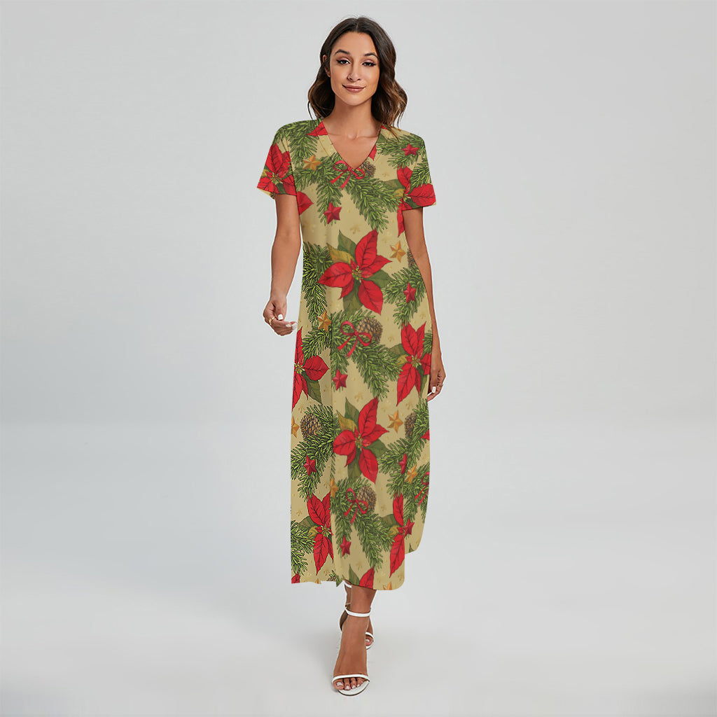 Vintage Christmas Poinsettia Print Short Sleeve Maxi Dress
