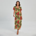 Vintage Christmas Poinsettia Print Short Sleeve Maxi Dress