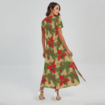 Vintage Christmas Poinsettia Print Short Sleeve Maxi Dress