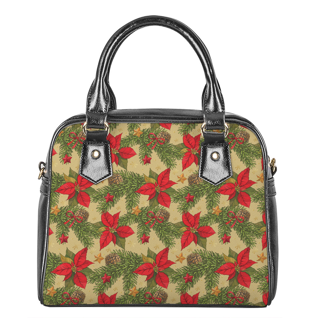 Vintage Christmas Poinsettia Print Shoulder Handbag