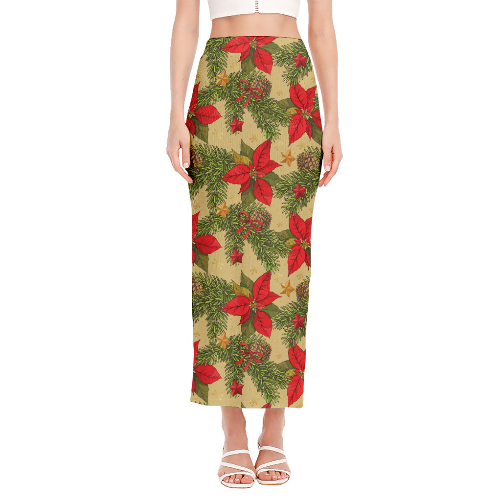 Vintage Christmas Poinsettia Print Side Slit Maxi Skirt