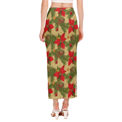 Vintage Christmas Poinsettia Print Side Slit Maxi Skirt