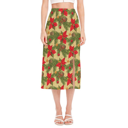 Vintage Christmas Poinsettia Print Side Slit Midi Skirt