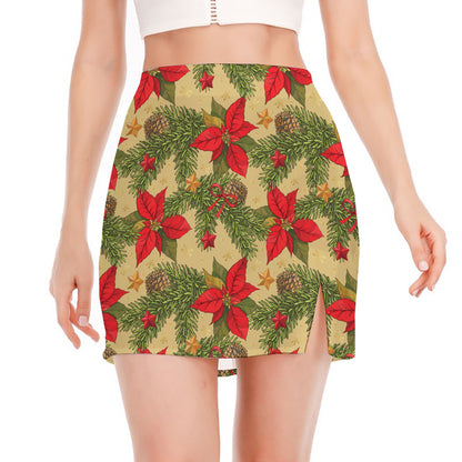 Vintage Christmas Poinsettia Print Side Slit Mini Skirt