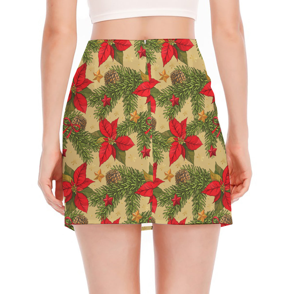 Vintage Christmas Poinsettia Print Side Slit Mini Skirt