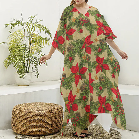 Vintage Christmas Poinsettia Print Silk V-Neck Kaftan Dress