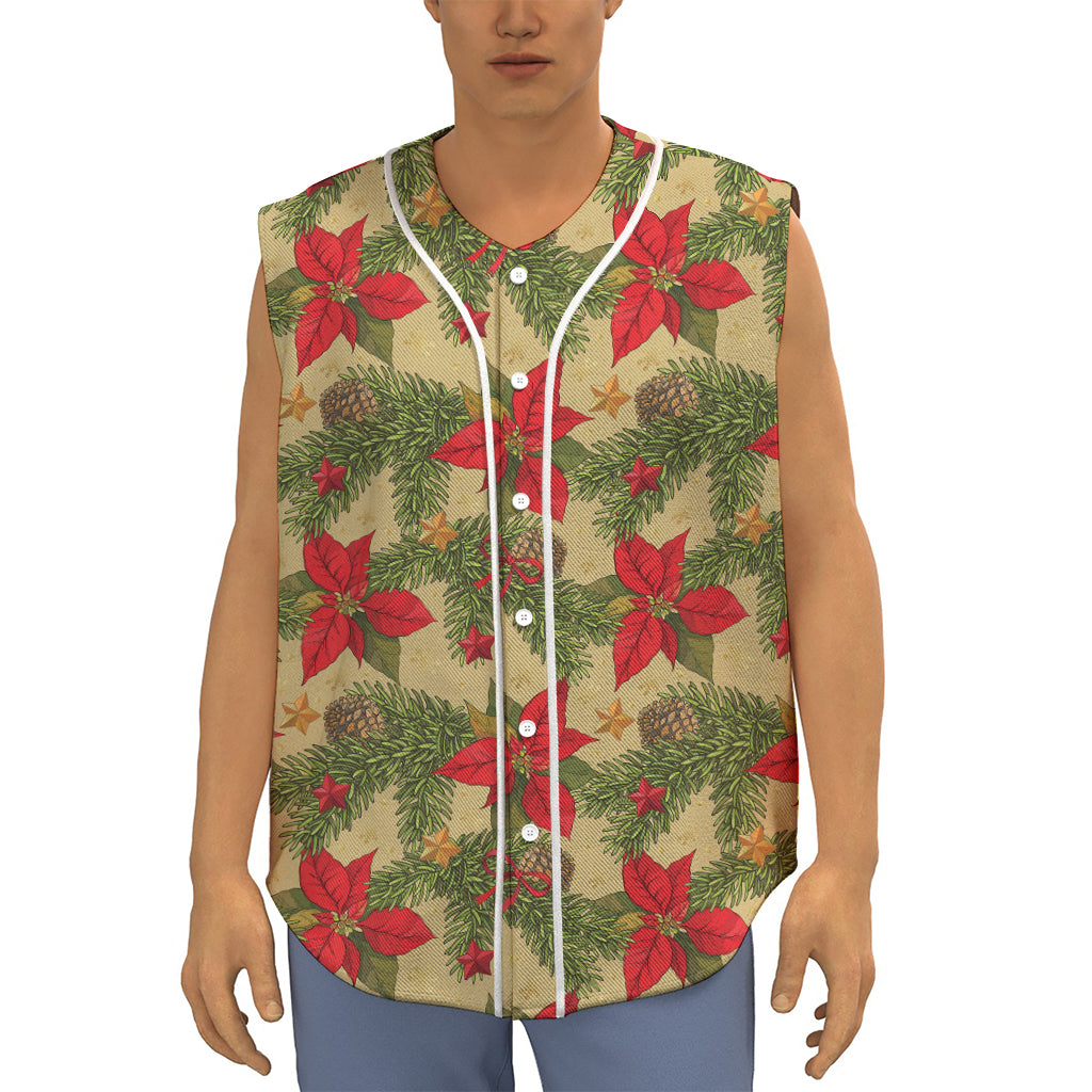 Vintage Christmas Poinsettia Print Sleeveless Baseball Jersey