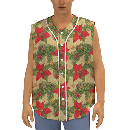 Vintage Christmas Poinsettia Print Sleeveless Baseball Jersey