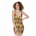 Vintage Christmas Poinsettia Print Sleeveless Bodycon Dress