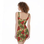 Vintage Christmas Poinsettia Print Sleeveless Bodycon Dress
