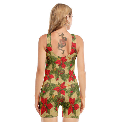 Vintage Christmas Poinsettia Print Sleeveless One Piece Swimsuit