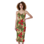 Vintage Christmas Poinsettia Print Slim Fit Midi Cami Dress