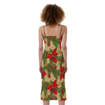 Vintage Christmas Poinsettia Print Slim Fit Midi Cami Dress