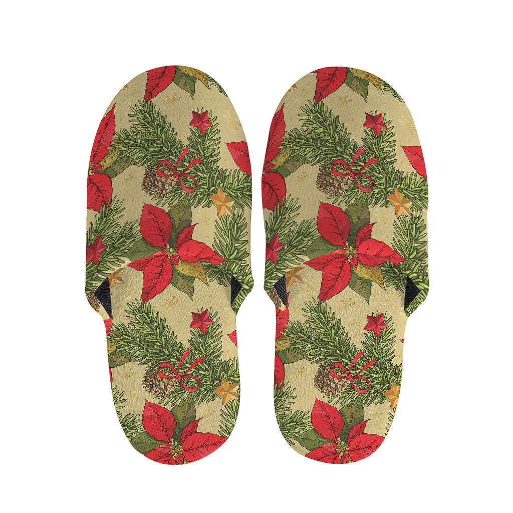 Vintage Christmas Poinsettia Print Slippers