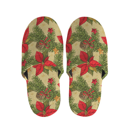 Vintage Christmas Poinsettia Print Slippers