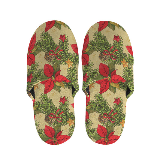Vintage Christmas Poinsettia Print Slippers