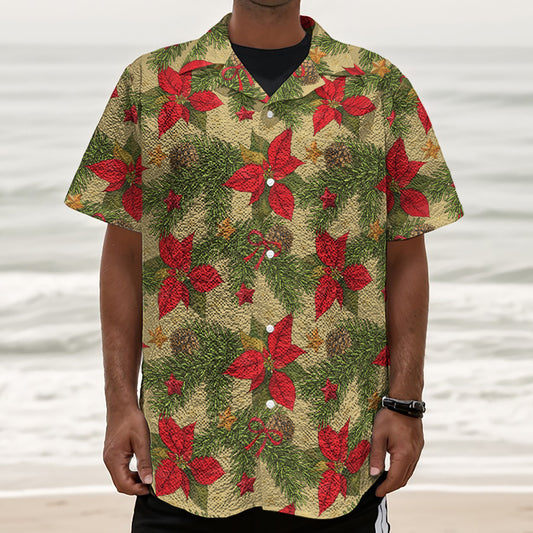 Vintage Christmas Poinsettia Print Textured Short Sleeve Shirt