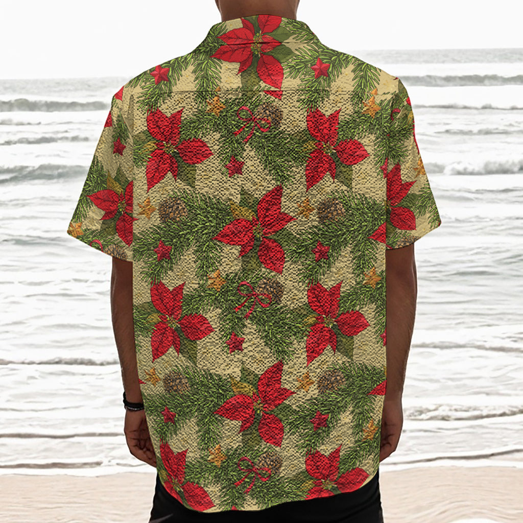 Vintage Christmas Poinsettia Print Textured Short Sleeve Shirt