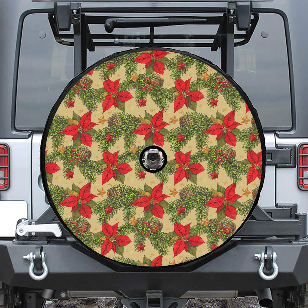 Vintage Christmas Poinsettia Print Tire Cover With Camera Hole