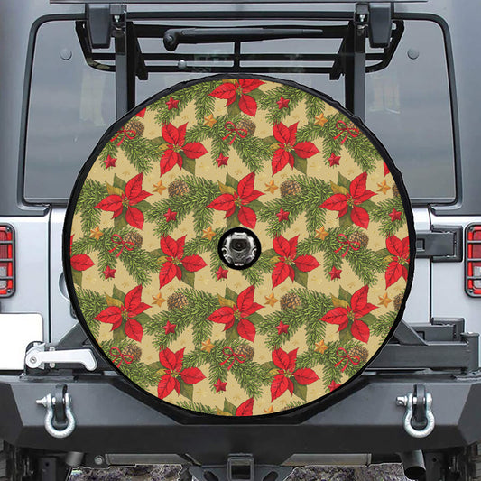 Vintage Christmas Poinsettia Print Tire Cover With Camera Hole