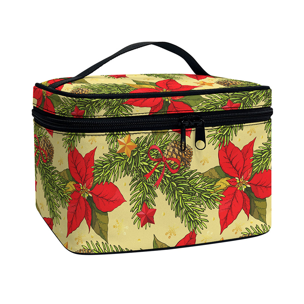 Vintage Christmas Poinsettia Print Travel Makeup Bag