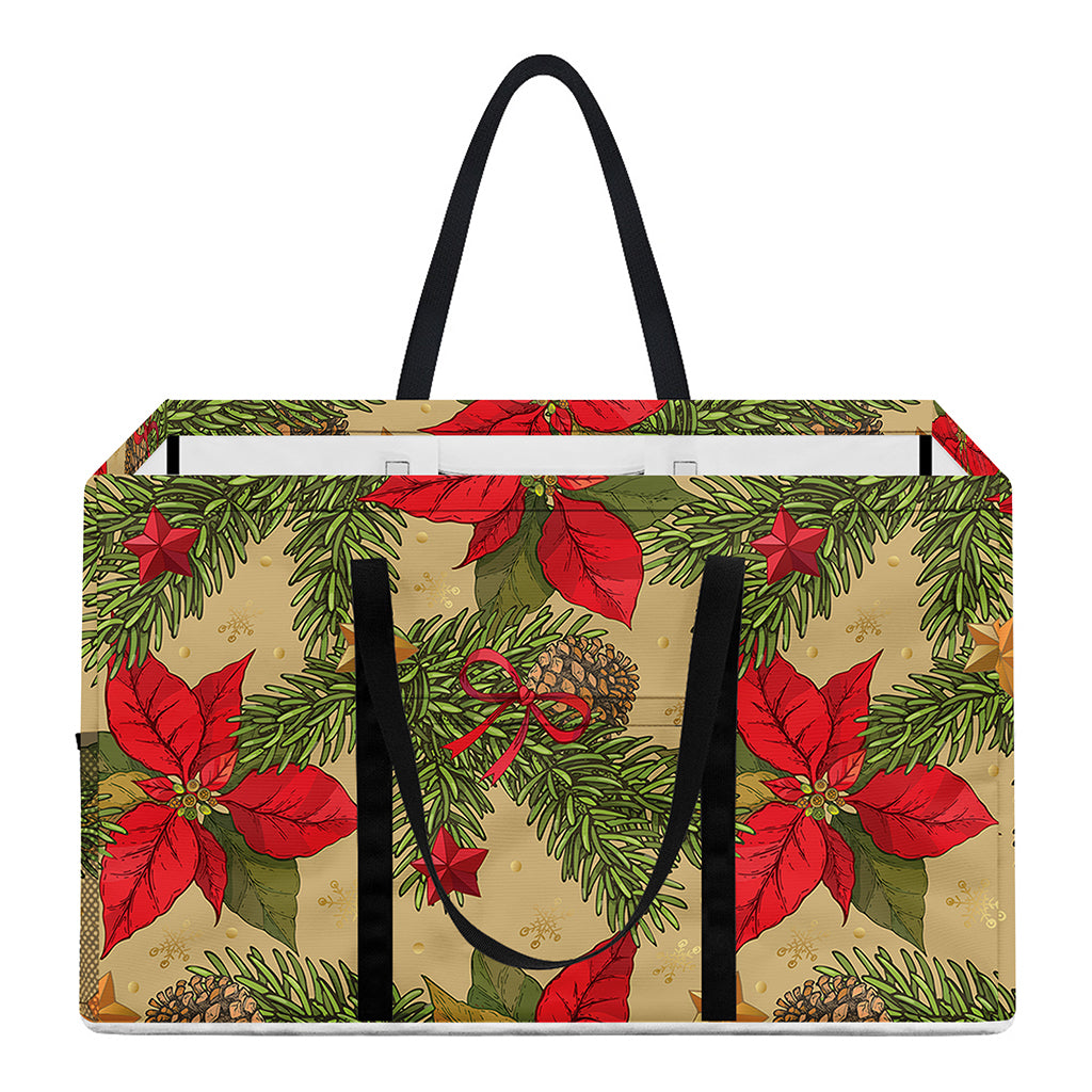 Vintage Christmas Poinsettia Print Utility Tote Bag