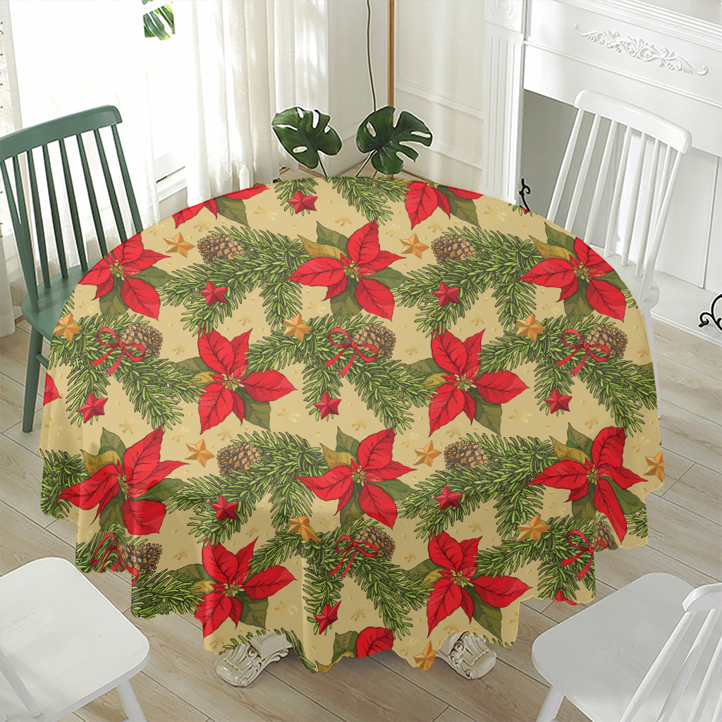 Vintage Christmas Poinsettia Print Waterproof Round Tablecloth