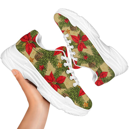 Vintage Christmas Poinsettia Print White Chunky Shoes