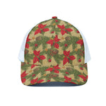 Vintage Christmas Poinsettia Print White Mesh Trucker Cap