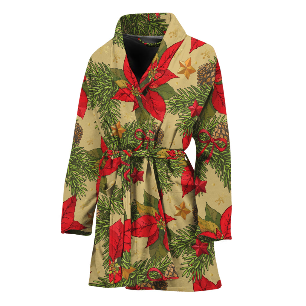 Vintage Christmas Poinsettia Print Women's Bathrobe