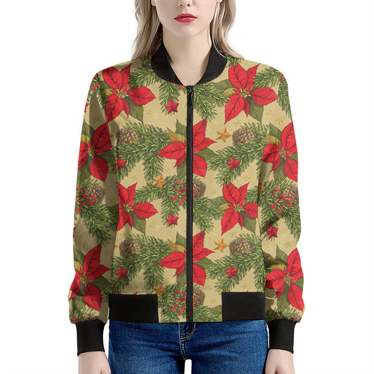 Vintage Christmas Poinsettia Print Women's Bomber Jacket