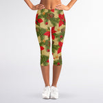 Vintage Christmas Poinsettia Print Women's Capri Leggings