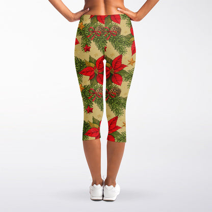 Vintage Christmas Poinsettia Print Women's Capri Leggings