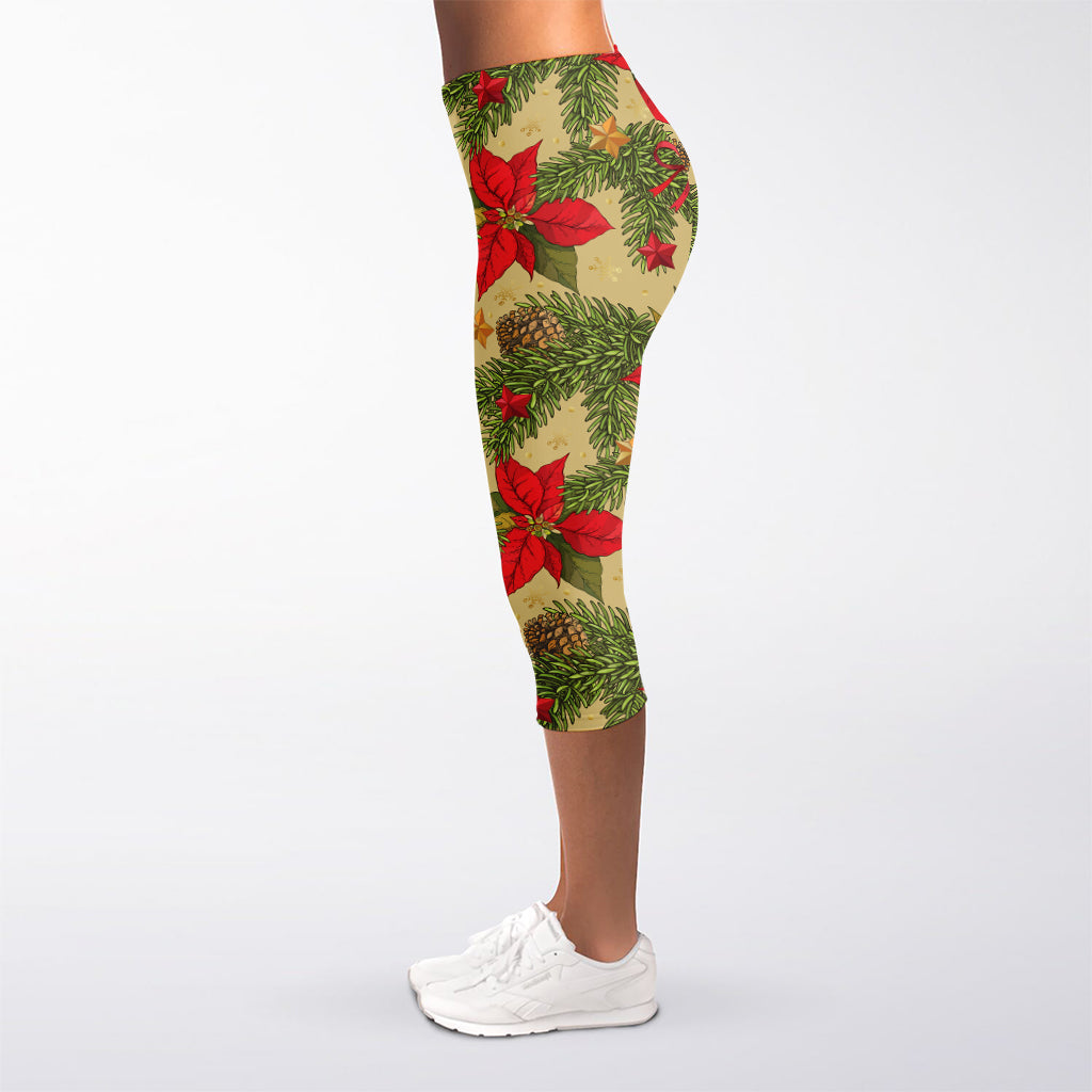 Vintage Christmas Poinsettia Print Women's Capri Leggings
