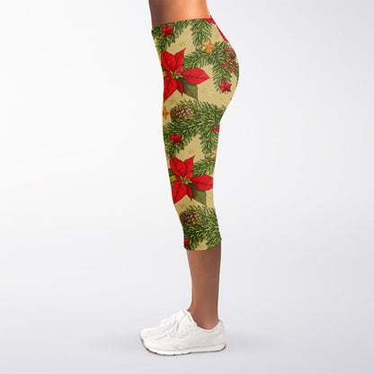 Vintage Christmas Poinsettia Print Women's Capri Leggings