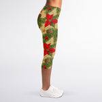Vintage Christmas Poinsettia Print Women's Capri Leggings