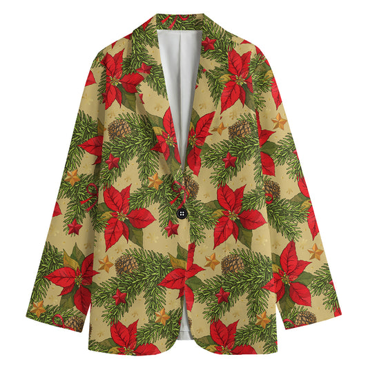 Vintage Christmas Poinsettia Print Women's Cotton Blazer