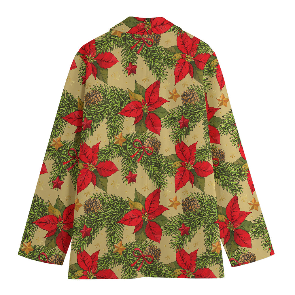 Vintage Christmas Poinsettia Print Women's Cotton Blazer