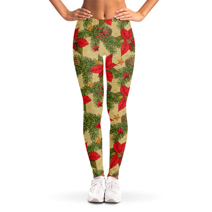 Vintage Christmas Poinsettia Print Women's Leggings