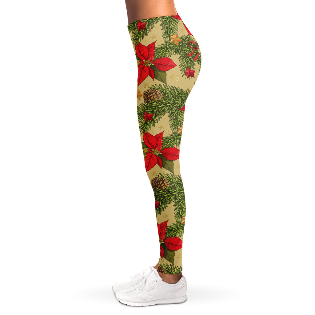 Vintage Christmas Poinsettia Print Women's Leggings