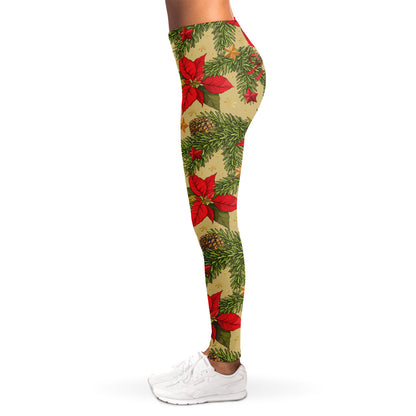 Vintage Christmas Poinsettia Print Women's Leggings