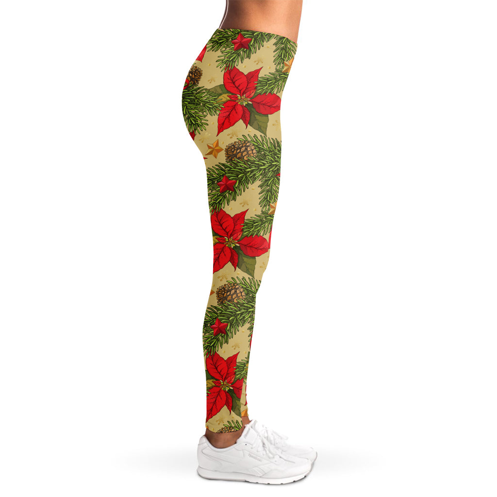 Vintage Christmas Poinsettia Print Women's Leggings